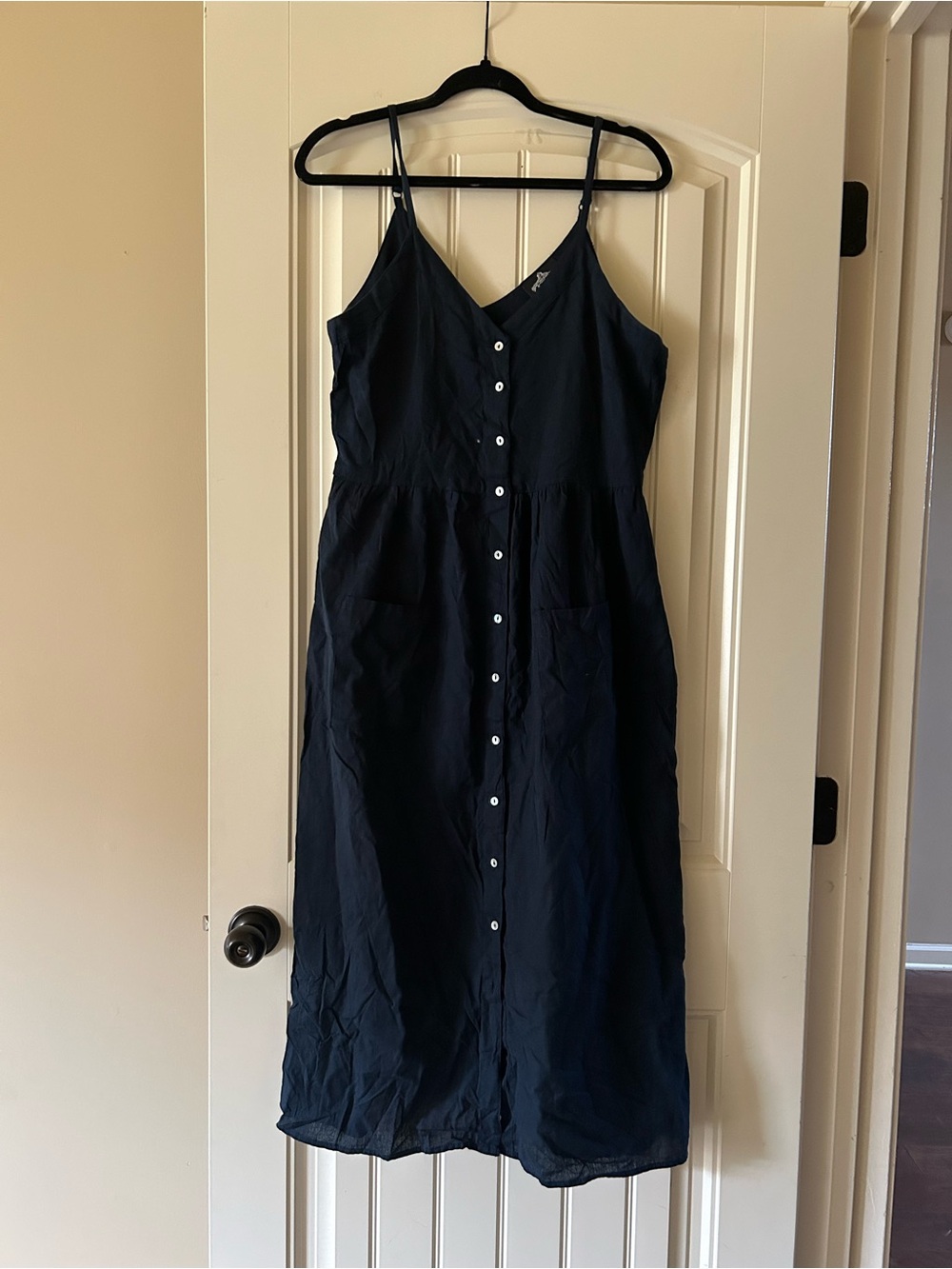 Angie Navy Button-Front Spaghetti-Strap Midi Dress